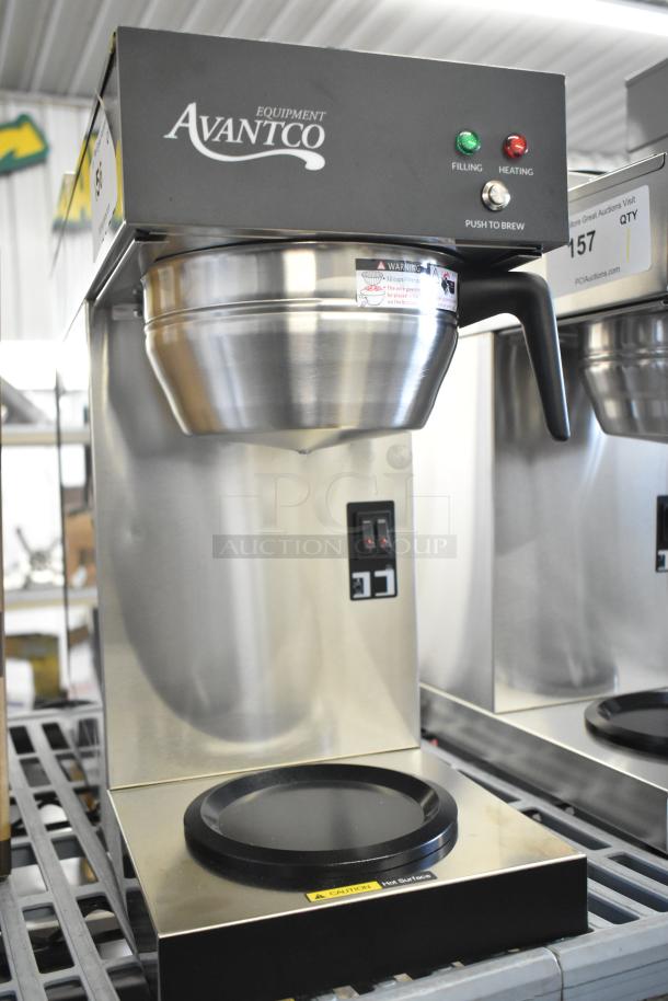 Brand new Avantco CMA1L2U coffee maker, 3 decanter warmers, 120V, scratch and dent, automatic, caution label visible.
