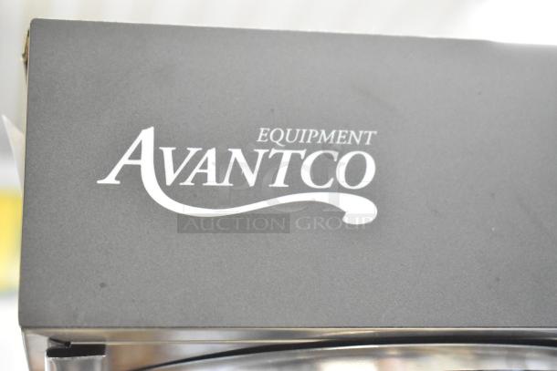 Brand new Avantco CMA1L2U automatic coffee maker with logo, including 3 decanter warmers, 120V, 1 phase, noted as scratch and dent.