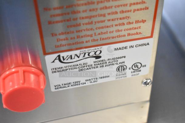 Avantco CMA1L2U automatic coffee maker tag shows model, voltage, wattage, and serial number. ETL and UL listed. Made in China.