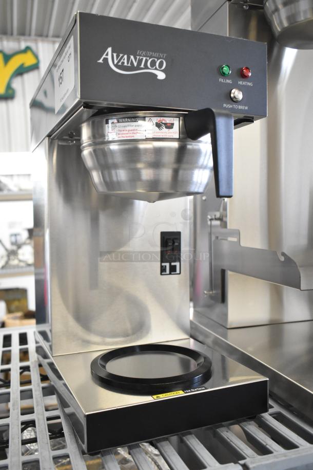 BRAND NEW Avantco CMA2B Automatic Coffee Maker with 2 Decanter Warmers, 120V, stainless steel, scratch and dent condition.