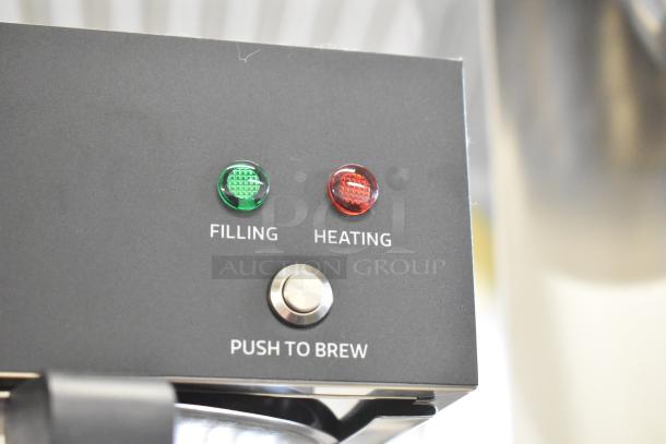 Avantco CMA2B coffee maker controls with "Filling" and "Heating" indicators, "Push to Brew" button. Mint condition, 120V, 1 phase.