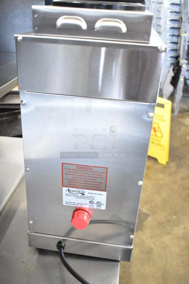 Brand new Avantco CMA2B coffee maker with 2 decanter warmers. Scratch and dent condition. 120V, 1 phase. Model details visible.