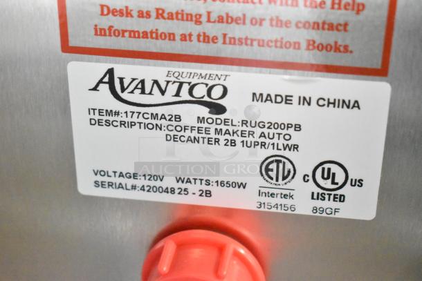 Avantco CMA2B Coffee Maker label showing model RUG200PB, 120V, 1650W, and certification marks.