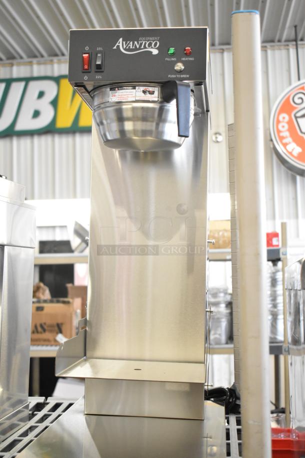 Brand new Avantco CMAPADJ automatic airpot coffee maker with adjustable shelf, 120V, scratch and dent condition.