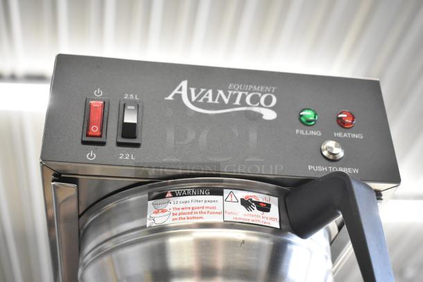 Brand new Avantco CMAPADJ Automatic Airpot Coffee Maker, adjustable shelf, 120V, warnings on filter use and hot contents.
