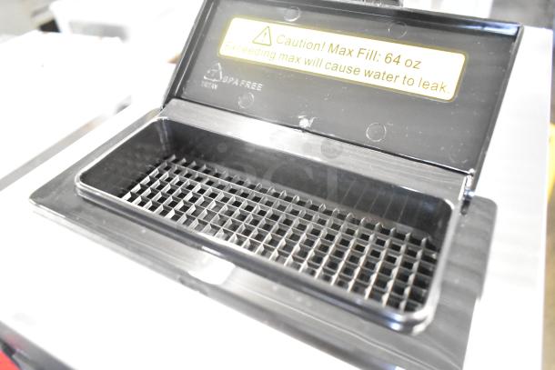 Avantco CMAPADJ airpot coffee maker, brand new with scratch and dent, adjustable shelf, 120V, caution label visible.