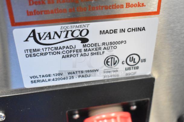 Avantco CMAPADJ Automatic Airpot Coffee Maker label showing model, voltage, and certifications; brand new with slight imperfections.
