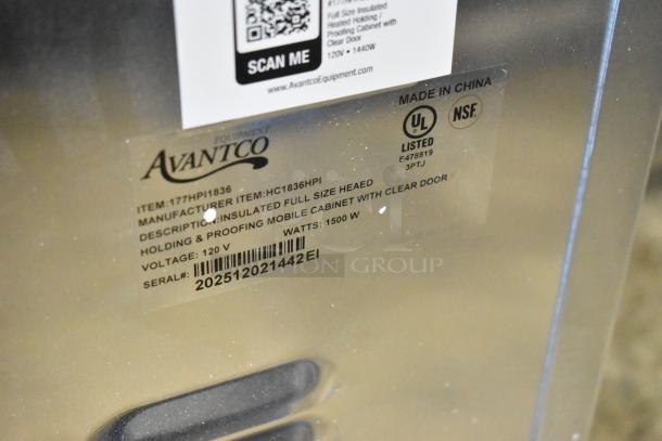 Avantco 177HPI1836 full-size heated proofing cabinet label, UL/NSF listed, 120V, 1500W, made in China, serial 202512021442EI.