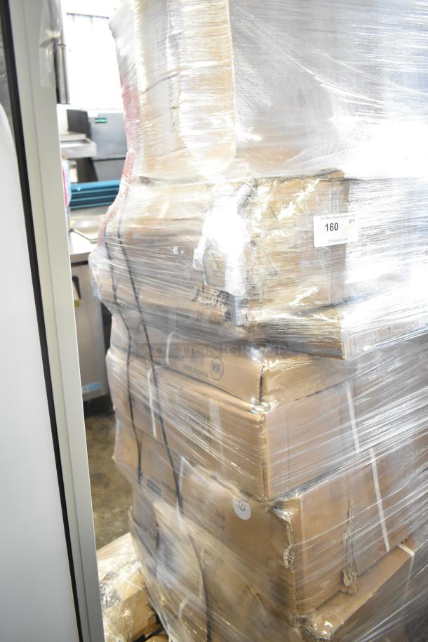 Pallet of wrapped boxes labeled "160," including bar stool, U-boat cart. Items are scratch and dent condition, NSF marked.
