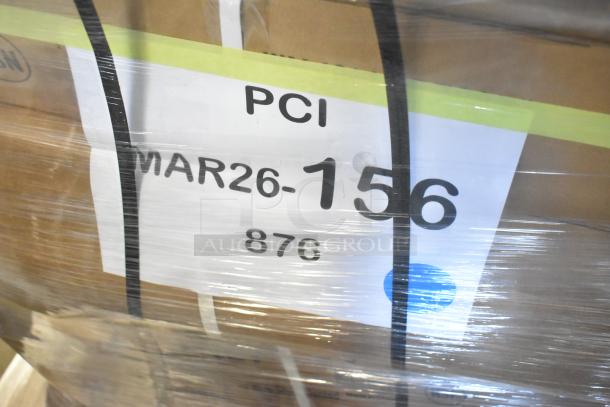 Plastic-wrapped package labeled "PCI MAR26-156 876," containing 8 scratch and dent items like bar stool, cart, posts.