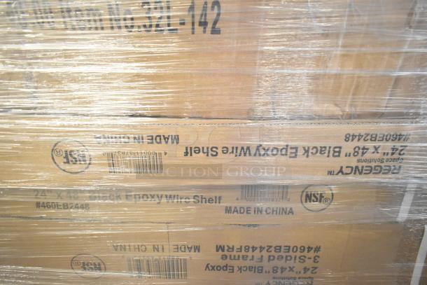 Auction lot of 8 scratch and dent items, including bar stool and U boat cart. Boxes labeled "Regency Black Epoxy Wire Shelf."