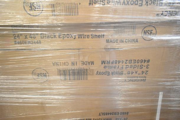 Cardboard boxes marked "24x48 Black Epoxy Wire Shelf," wrapped in plastic, NSF labeled, made in China, new condition.