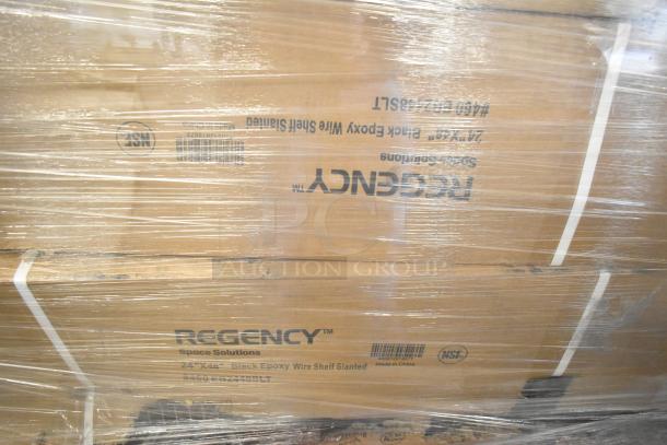 Packaged Regency Space Solutions items including 74"x48" black epoxy wire shelf, wrapped in plastic, brand labels visible.
