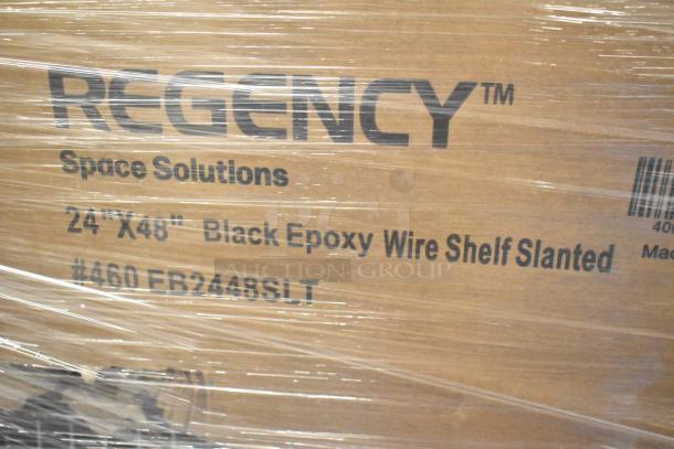 Regency Space Solutions black epoxy wire shelf, 24"x48", slanted, new, model #460FB2448SLT, wrapped in plastic.