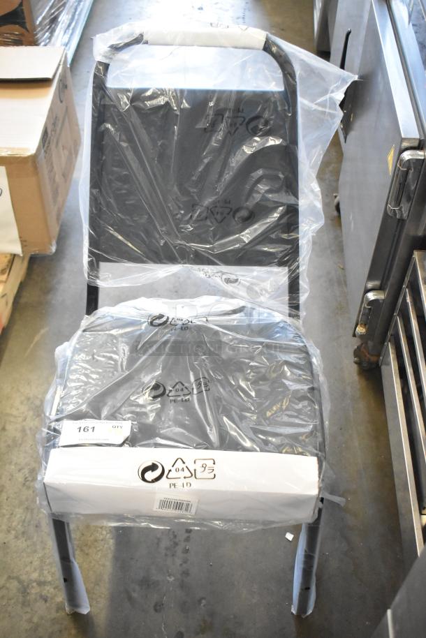 Black stackable chair, Lancaster Table & Seating, model 164CHAIRBKBK, brand new, 2" padded seat, in packaging.