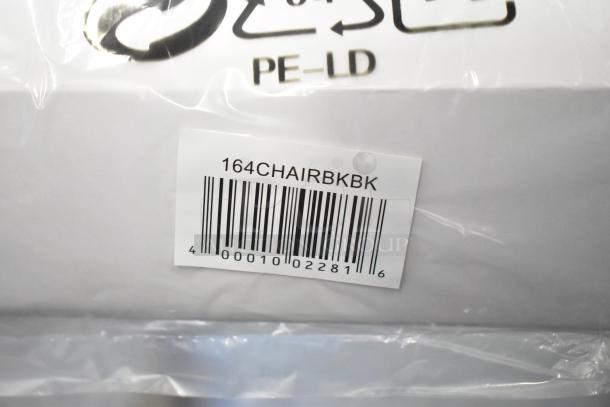 Barcode label for Lancaster Table & Seating 164CHAIRBKBK Black Stackable Chair, indicating scratch and dent condition.