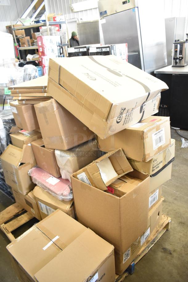 Boxes of brand new scratch and dent items, including hot food cups and vacuum packaging pouches, stacked on a pallet.