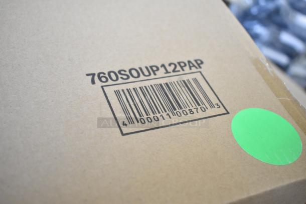 Cardboard box labeled "760SOUP12PAP" with barcode, indicating hot food cups. Box condition appears new.