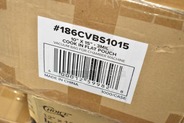 Cardboard box labeled "#186CVBS1015", containing 10"x15" 3mil vacuum bags, 1000 per case, made in China.