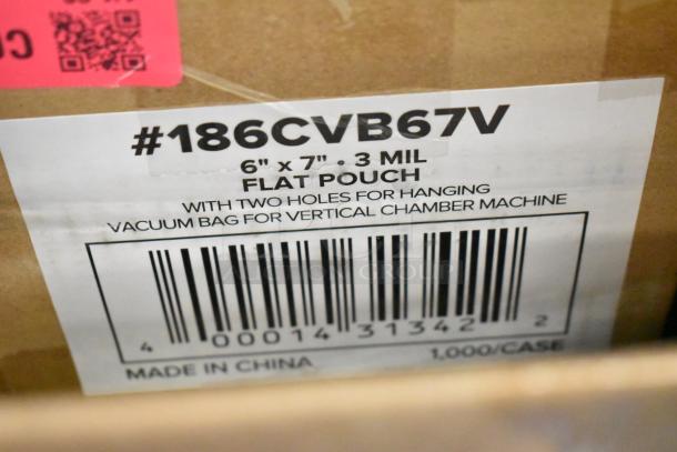 Cardboard box label for #186CVB67V vacuum pouches, 6"x7", 3 mil, 1,000 per case, features hang holes, made in China.