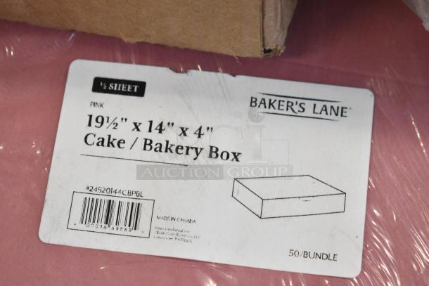 Baker's Lane pink cake/bakery box label, 19.5"x14"x4", 50 per bundle, made in Canada, scratch and dent condition.