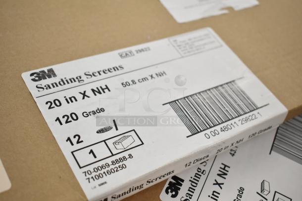 Box of 3M Sanding Screens, 20in X NH, 120 Grade, 12 discs per box. Seen with label showing product details and barcode.