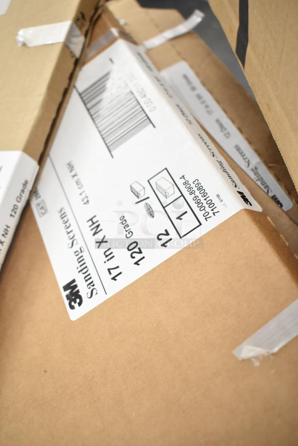 Box of 3M sanding screens, 17 in XNH, 120 grade. Includes scratch and dent items, hot food cups, vacuum pouches.