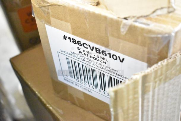 Cardboard box labeled "#186CVB610V" containing 6"x10" flat pouches, 3 mil, for vacuum machines, made in China.