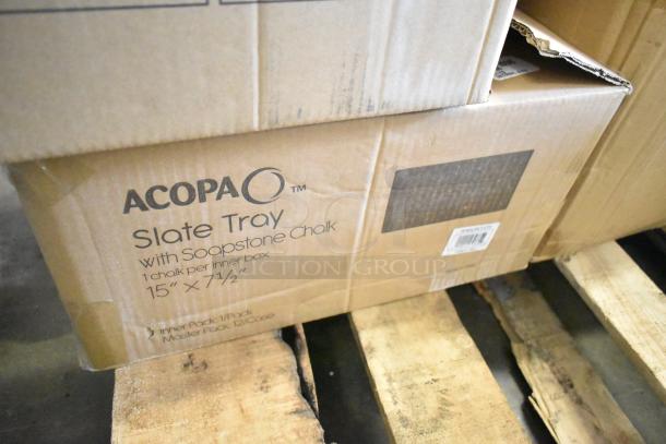 25 new scratch and dent items including Acopa slate tray with soapstone chalk, 15"x7.5", packaging visible.