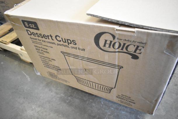 Box of 8 oz Choice dessert cups, ultra-clear PET plastic, compatible with Choice lids, 50 packs per case, great for parfaits.