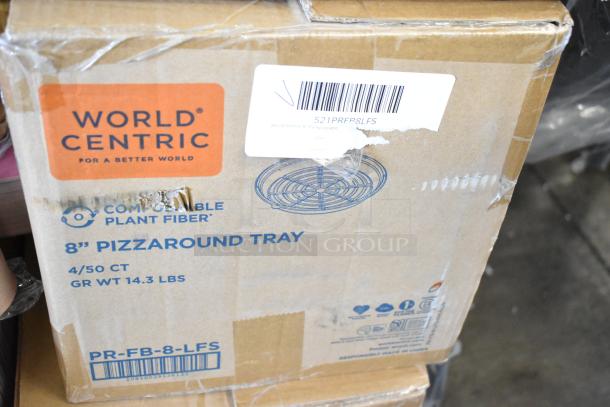 Box of 8" World Centric Pizzaround Trays, compostable plant fiber, 4/50 count, some damage visible on packaging.