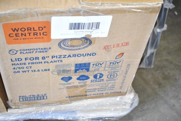 Cardboard box labeled "World Centric" with compostable plant fiber lids for 8" pizzas. Box details: 4/50 CT, 13.5 lbs, responsibly made in China.