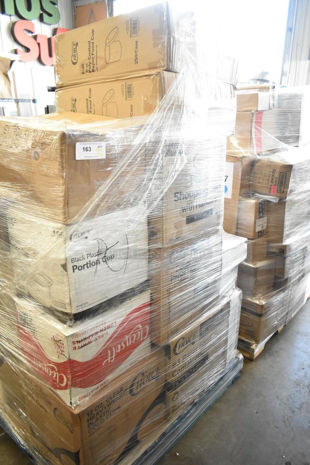 Pallet of 28 new scratch and dent items, including Choice brand cold cups, hot cups, gloves, and food trays.