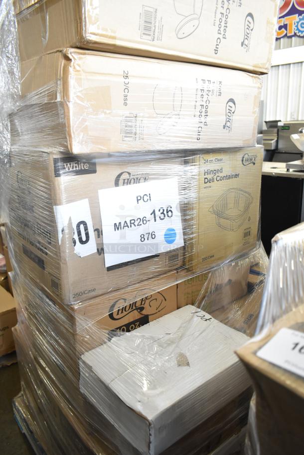 Pallet of 28 new scratch and dent items including cold cups, hot cups, gloves, and food trays. Lot number: MAR26-136.