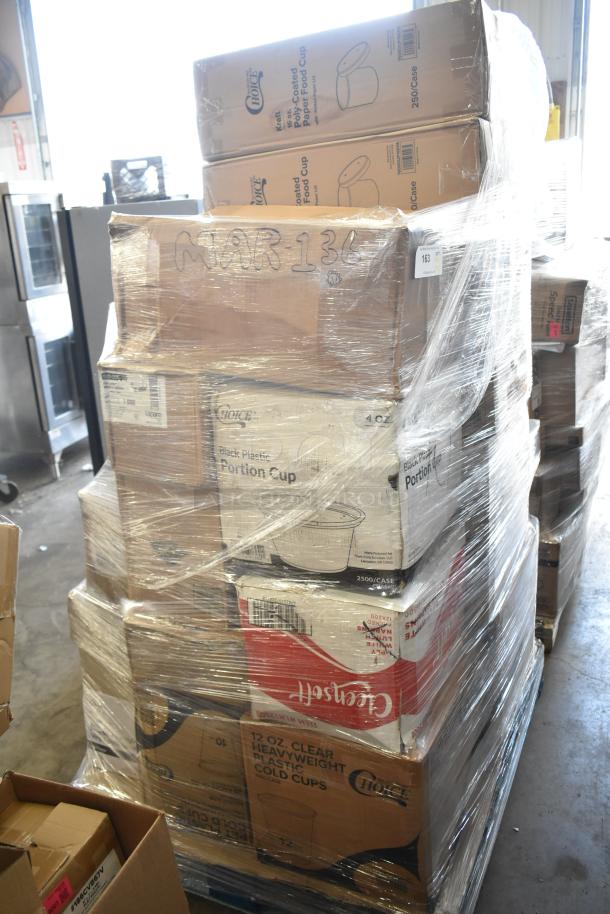 Large pallet with 28 boxes of scratch and dent items, including cold cups, hot cups, gloves, and food trays, wrapped in plastic.