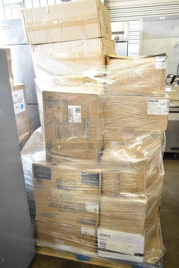 Pallet of 28 boxed items, including cold cups, hot cups, gloves, and food trays. Brand new, some scratch and dent. Labels visible.