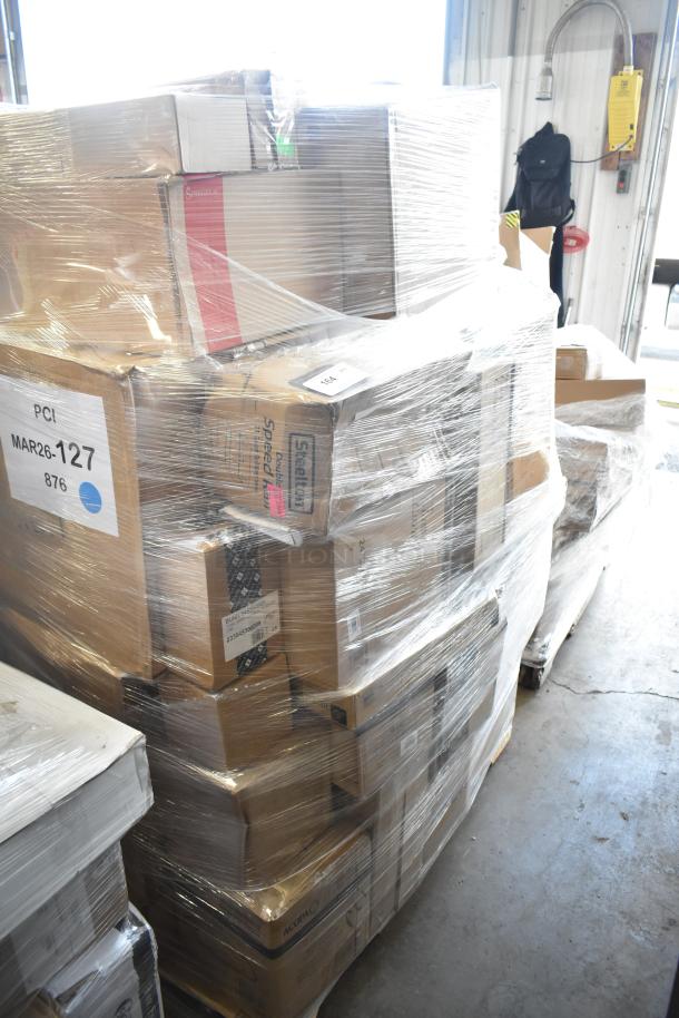 Pallet of 33 packaged scratch and dent items, including glasses, faucet, vases, knives, and pasta bowls. Label: PCI MAR26-127.