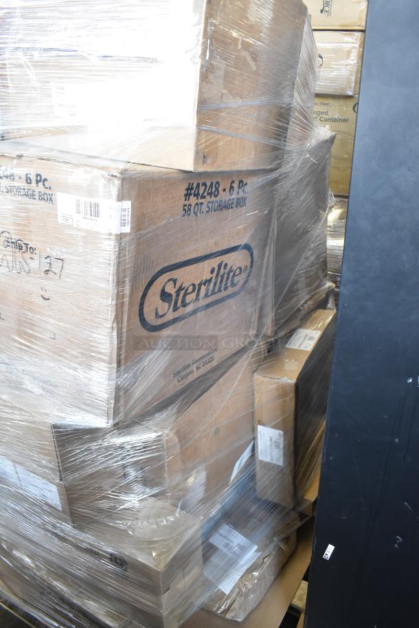 Boxed items wrapped in plastic wrap, including Sterilite storage boxes marked #4248, 58 qt, indicating scratch and dent condition.