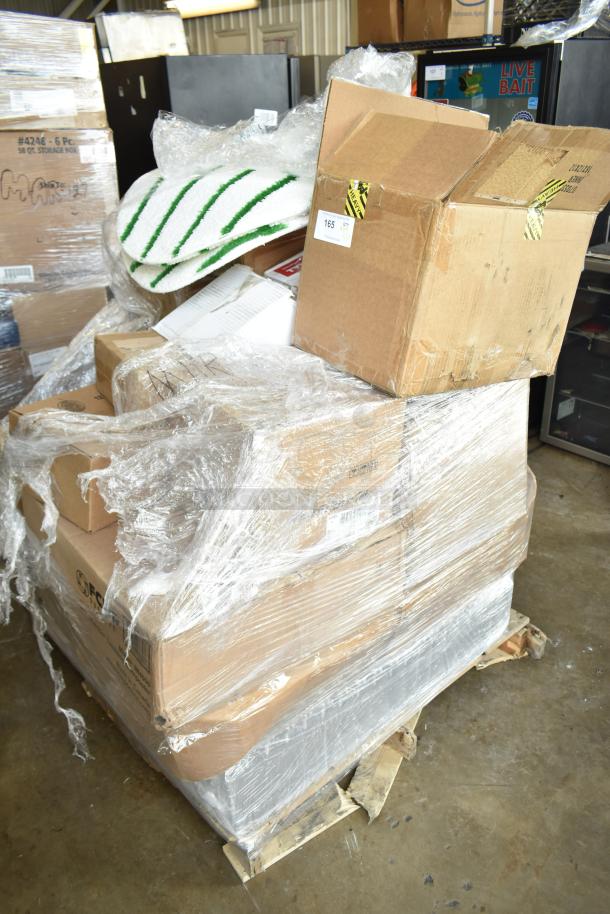 Pallet of 30 brand new scratch and dent items including hotel pans and juice dispenser. Boxes wrapped in plastic.