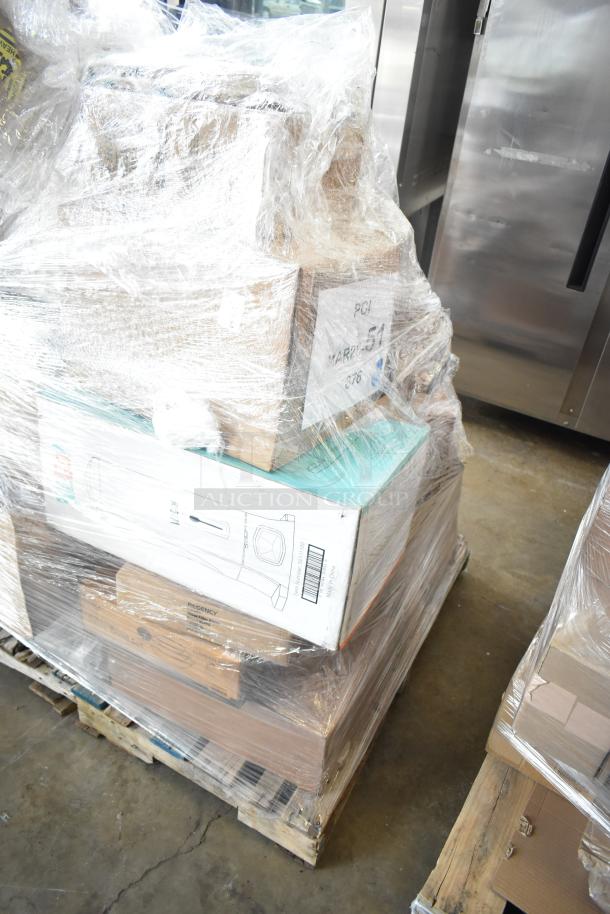 Plastic-wrapped pallet with 30 new scratch and dent items, including hotel pans, spoons, and juice dispenser. Label marked PCI MAR26-51.