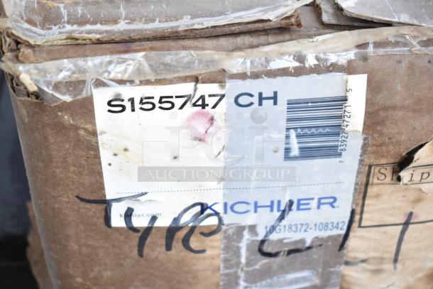 Box with label showing "S155747 CH" for a Kichler item. Visible wear on packaging, marked as scratch and dent.