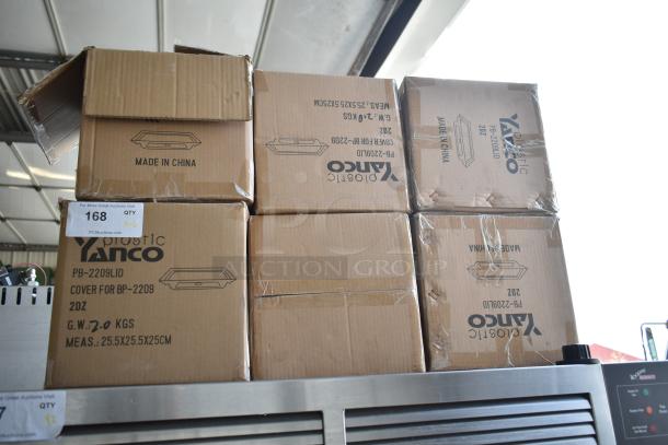 6 boxes of 24 Yanco PB-2209LID covers for BP-2209, brand new. Packaged with visible labels, “Made in China” and dimensions.