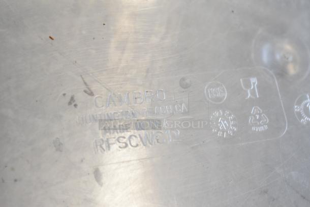 Close-up of Cambro label engraved on metal, showing location, "Huntington Beach, CA," and model number "RFSCWC12."
