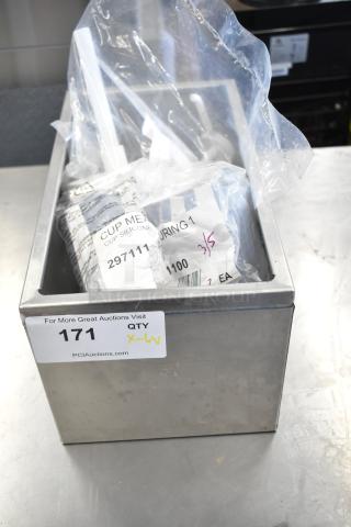 Box containing 6 items including OXO 11161100 Good Grips 1 Cup Squeeze & Pour Silicone Measuring Cup, pump top, basting brush.