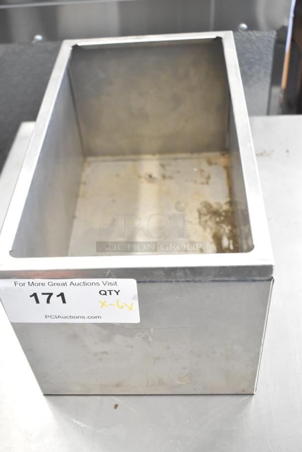 Stainless steel bin with visible wear, auction label indicating item 171, quantity X-6V, from PCI Auctions.