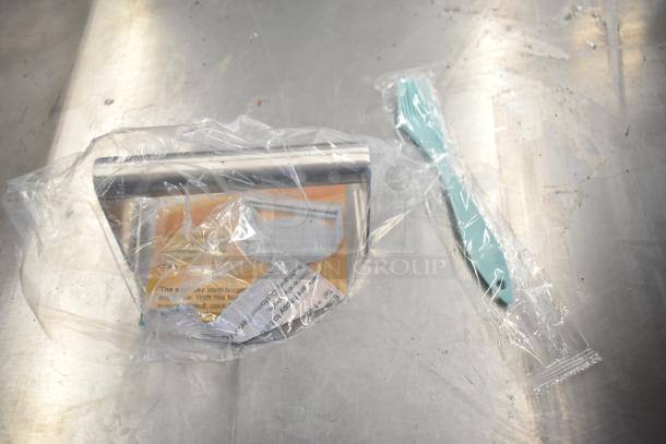 Six assorted kitchen items, including an OXO Good Grips silicone measuring cup, depicted in new packaging.