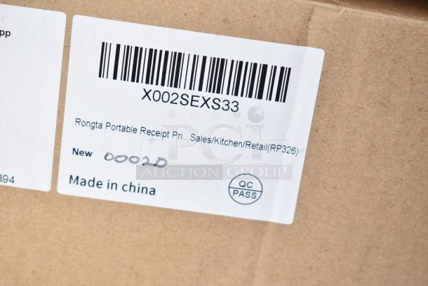 Label on cardboard box for Rongta Portable Receipt Printer, model RP326, indicates it's new. Made in China, QC passed.