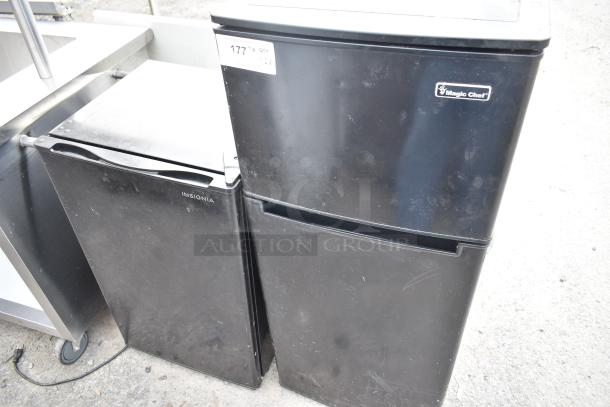 Two mini coolers: Magic Chef HMDR450BE and Insignia NS-CF33BK8, black finish, 115 volts, 1 phase, both show external wear.