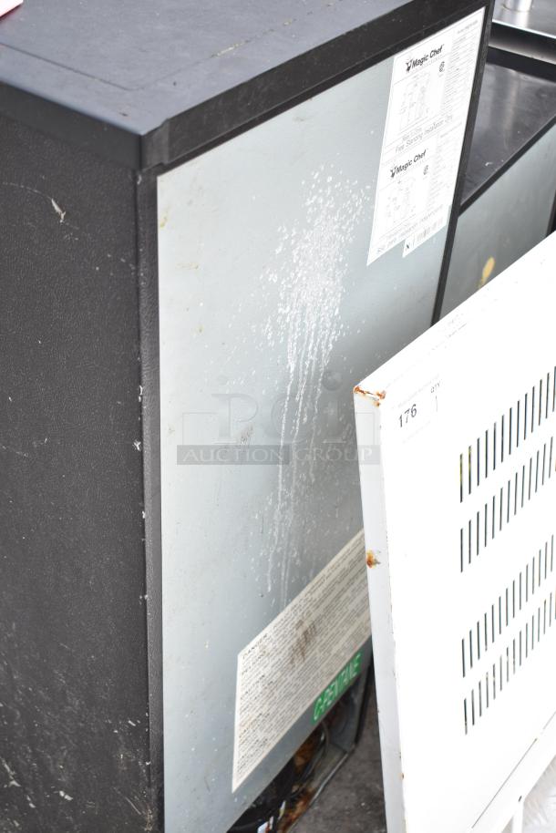 Two mini coolers: Magic Chef HMDR450BE and Insignia NS-CF33BK8, 115 Volts, 1 Phase, visible labels, used condition.