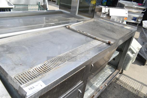 Commercial soda station with under shelves and doors, stainless steel, visible wear, tagged with "163 QTY 1".